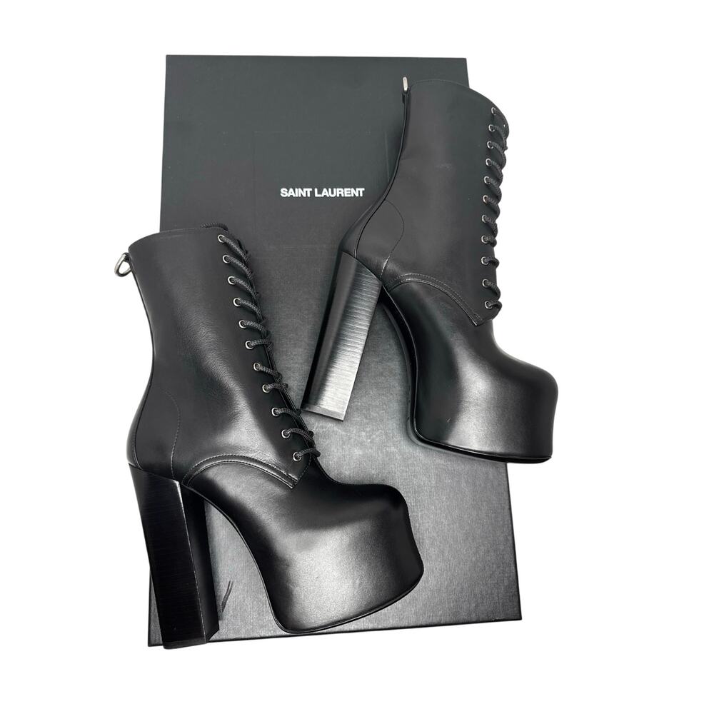 Saint Laurent Black Cherry Leather Platform Ankle Boots lace-up Designer EU 36.5 - Picture 4 of 14